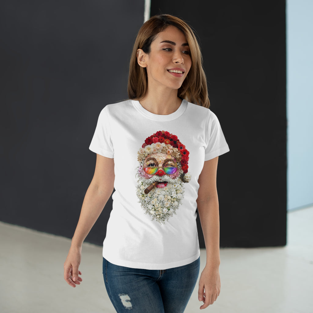 Blumen-Santa: Frontprint, Womens' T-Shirt, Rainbow Glasses & Cigar Holiday T-Shirt