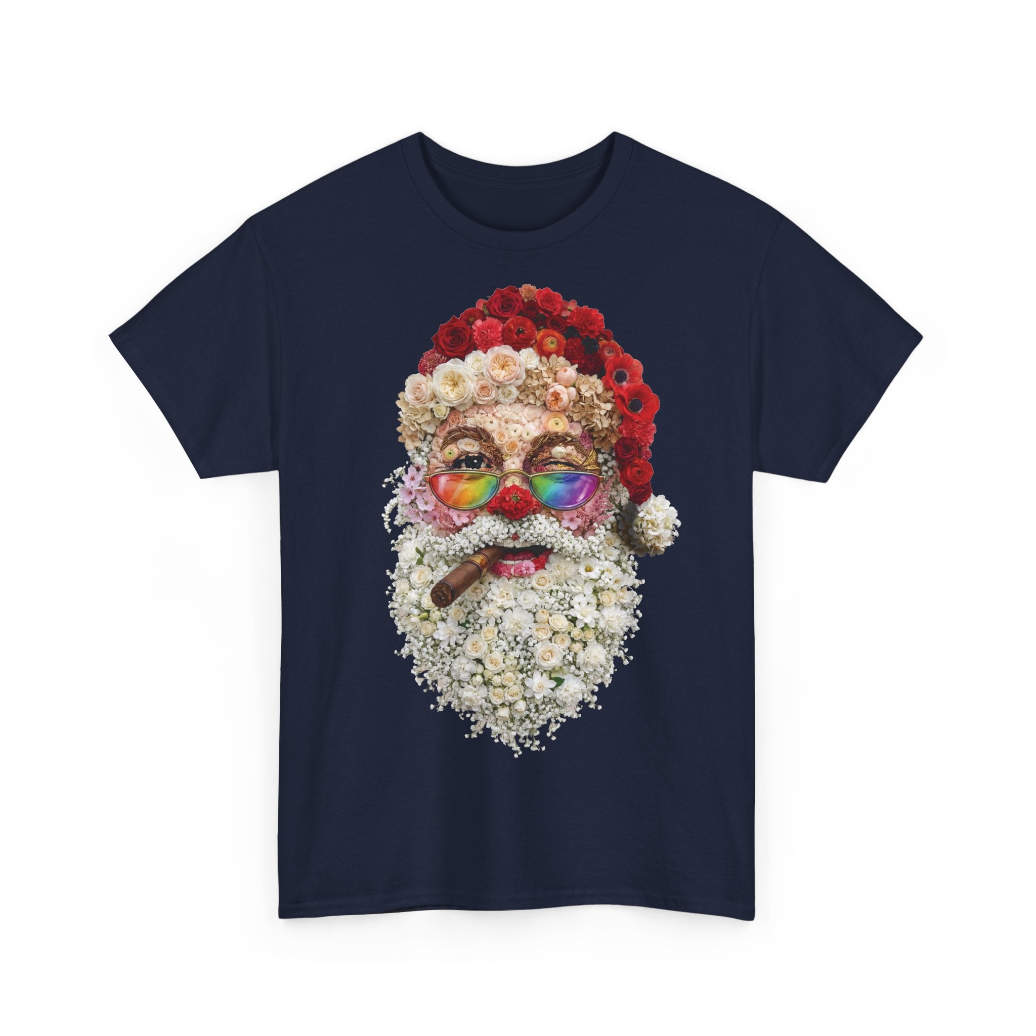 Blumen-Santa: Frontprint, Unisex T-Shirt, Floral Colorful Retro Santa with Cigar Weihnachten