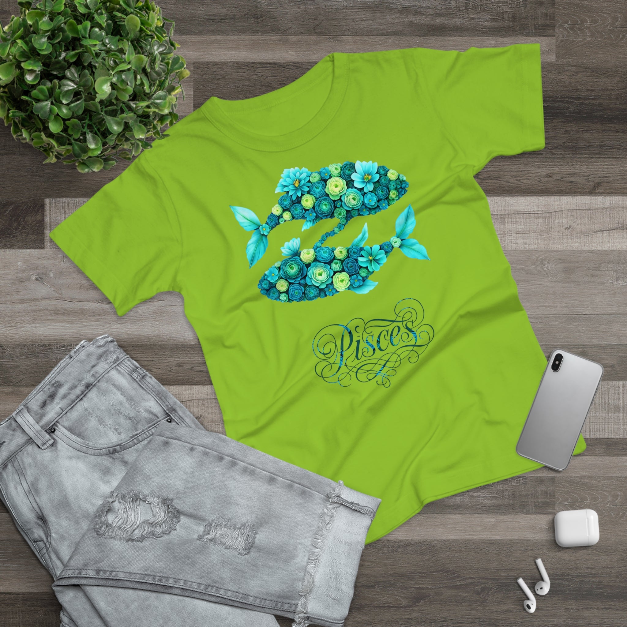 Fische: Frontprint, Womens' T-Shirt, florales Sternzeichen, Zodiac Astrologie (Pisces)