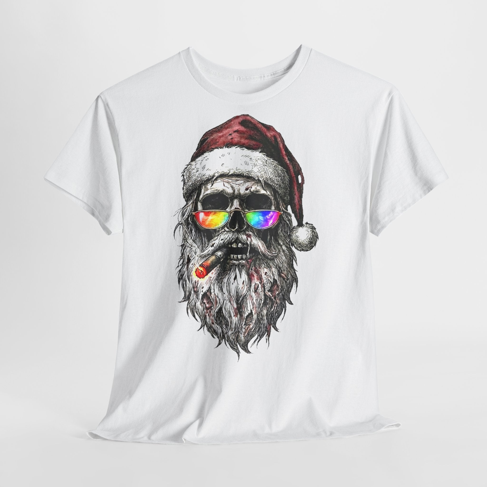 Dark-Santa: Frontprint, Unisex T-Shirt, Skull Graphic Tee Cool Santa with Rainbow Shades & Cigar, Holiday Christmas Shirt