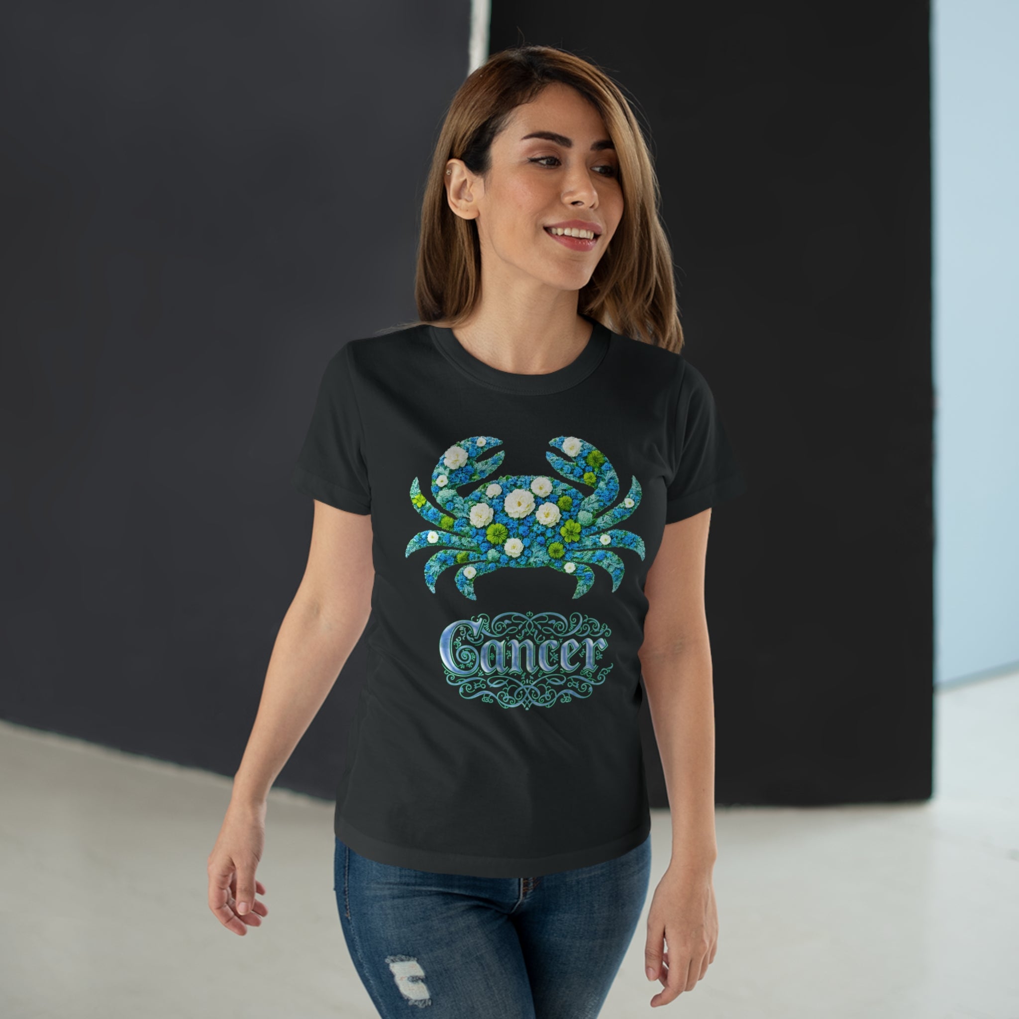 Krebs: Frontprint, Womens' T-Shirt, florales Sternzeichen, Zodiac Astrologie (Cancer)