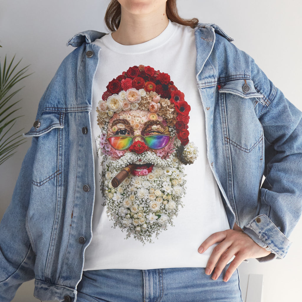 Blumen-Santa: Frontprint, Unisex T-Shirt, Floral Colorful Retro Santa with Cigar Weihnachten