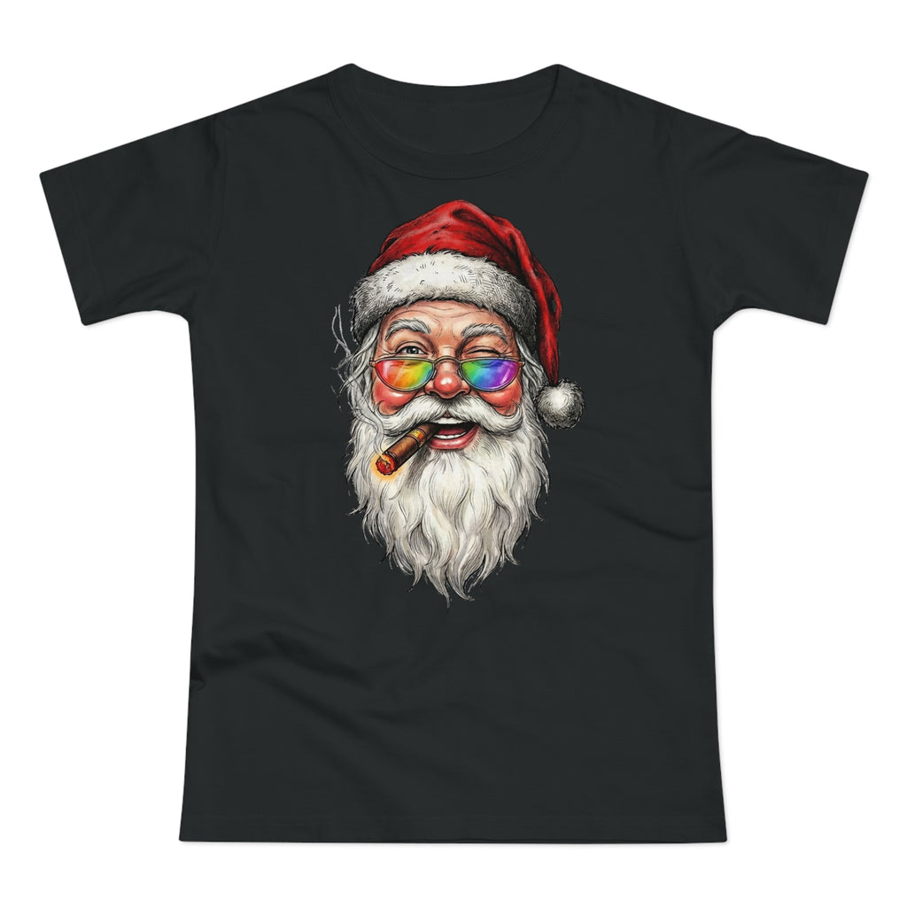 Friendly-Santa: Frontprint, Womens' T-Shirt, Colorful Glasses & Cigar Christmas Tee