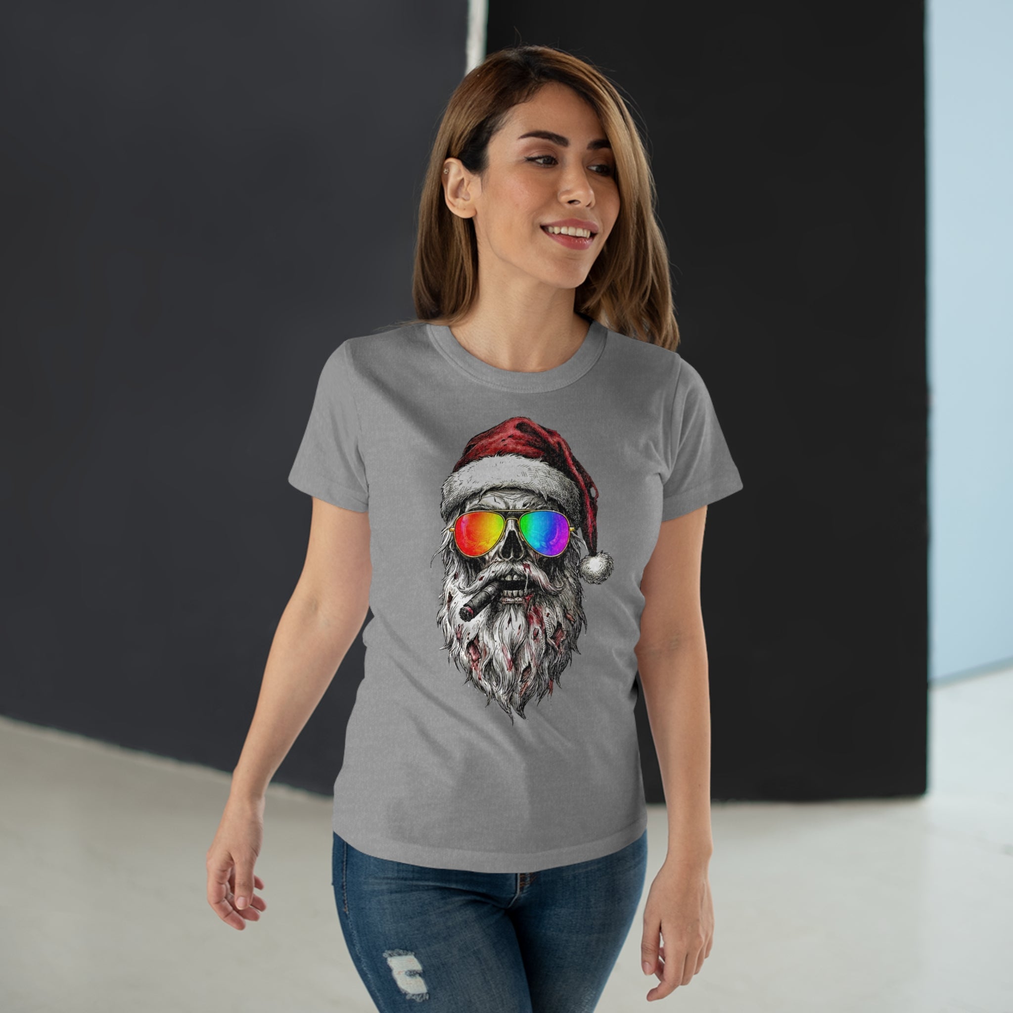 Pilot-Santa: Frontprint, Womens' T-Shirt, Skull T-Shirt — Cool Christmas Skull Tee with Rainbow Sunglasses