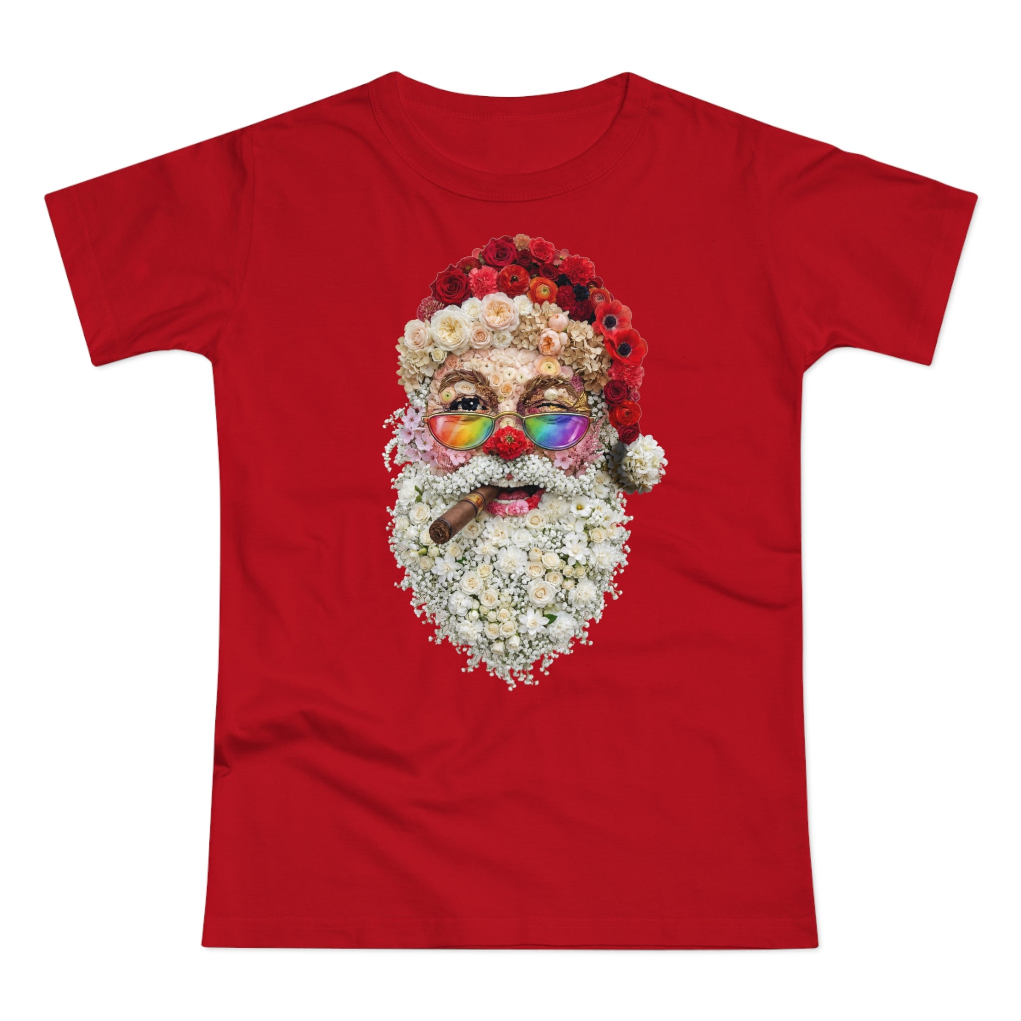 Blumen-Santa: Frontprint, Womens' T-Shirt, Rainbow Glasses & Cigar Holiday T-Shirt
