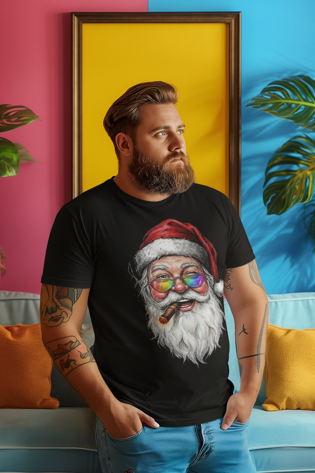 Friendly-Santa: Frontprint, Unisex T-Shirt, Colorful Retro Santa with Cigar Holiday Tee
