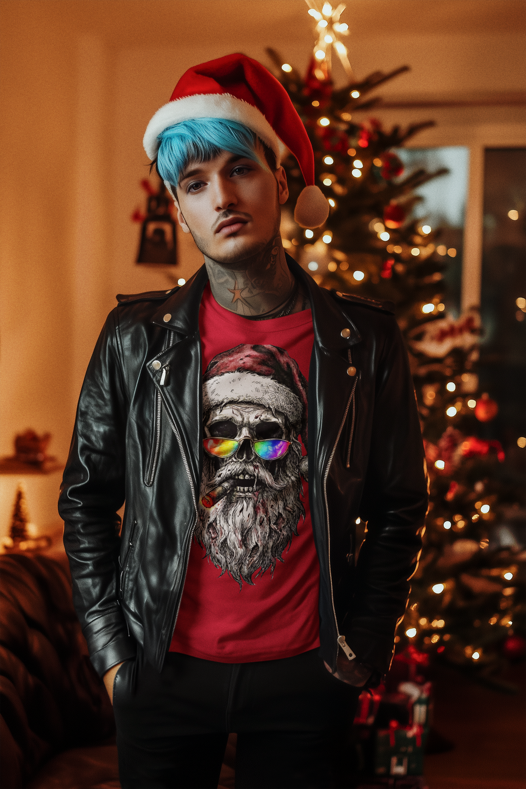 Dark-Santa: Frontprint, Unisex T-Shirt, Skull Graphic Tee Cool Santa with Rainbow Shades & Cigar, Holiday Christmas Shirt