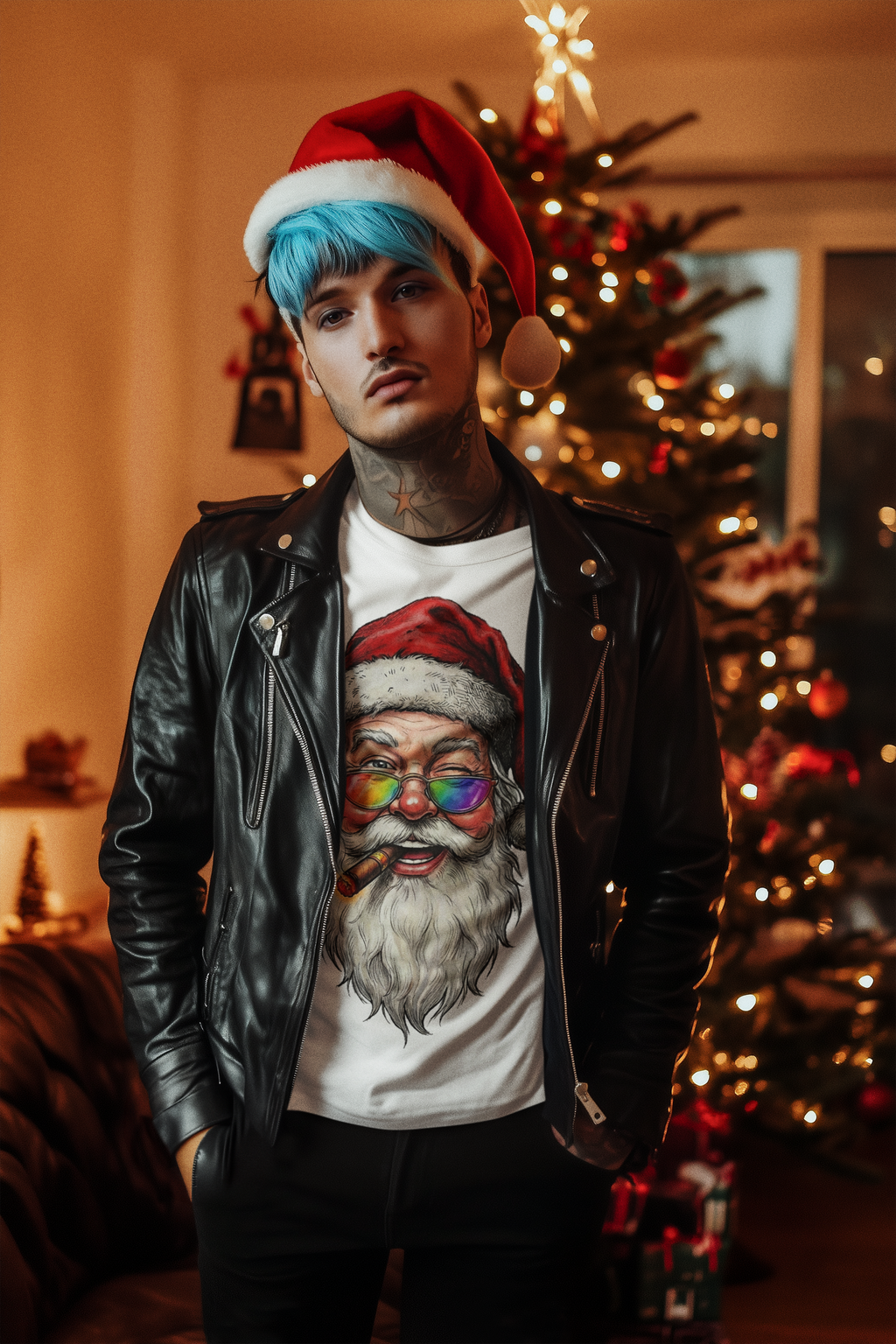 Friendly-Santa: Frontprint, Unisex T-Shirt, Colorful Retro Santa with Cigar Holiday Tee