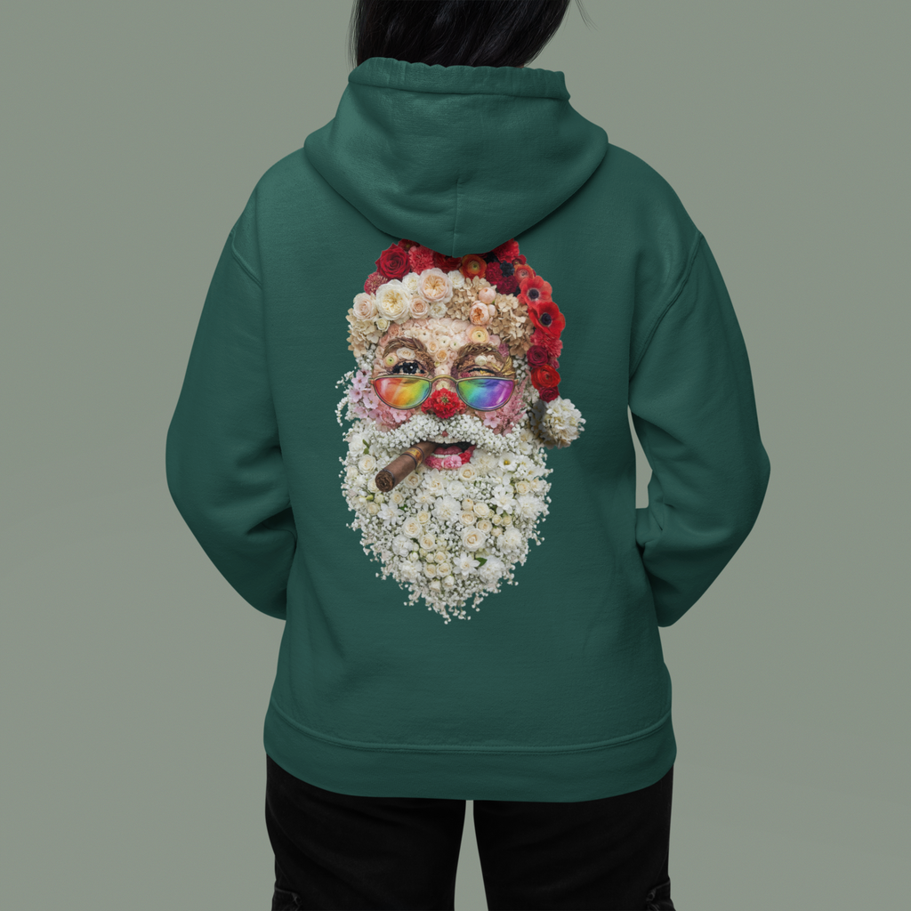 Blumen-Santa: Backprint, Womens' Hoodie,  Retro Rainbow Sunglasses Christmas Floral