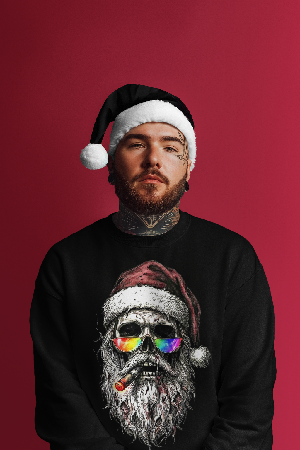 Dark-Santa: Frontprint, Unisex Sweatshirt, Skull Skull with Rainbow Sunglasses Crewneck