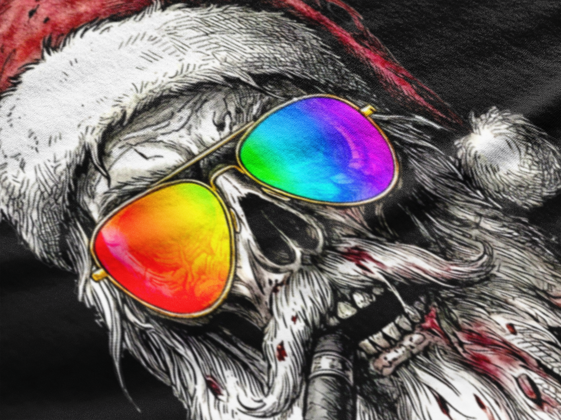 Pilot-Santa: Frontprint, Womens' T-Shirt, Skull T-Shirt — Cool Christmas Skull Tee with Rainbow Sunglasses