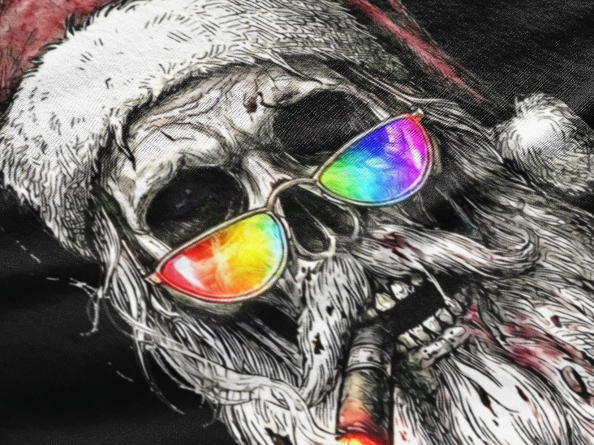 Dark-Santa: Backprint, Womens' Hoodie — Skull Edgy Christmas Santa Skull with Sunglasses & Cigar
