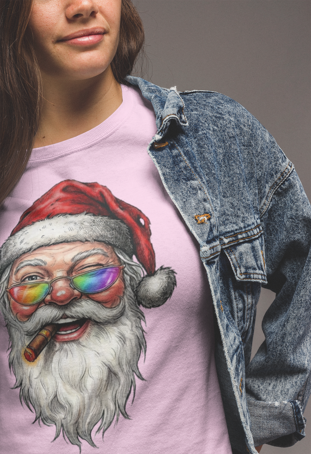 Friendly-Santa: Frontprint, Womens' T-Shirt, Colorful Glasses & Cigar Christmas Tee