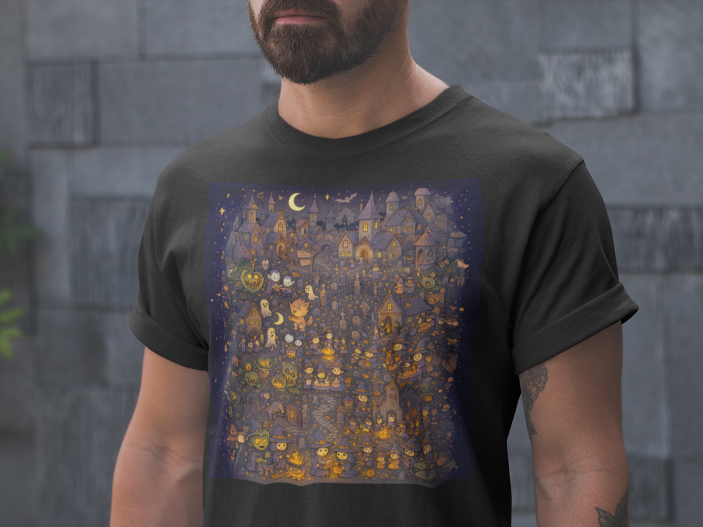 Wimmelbild Halloween: Frontprint, Unisex T-Shirt