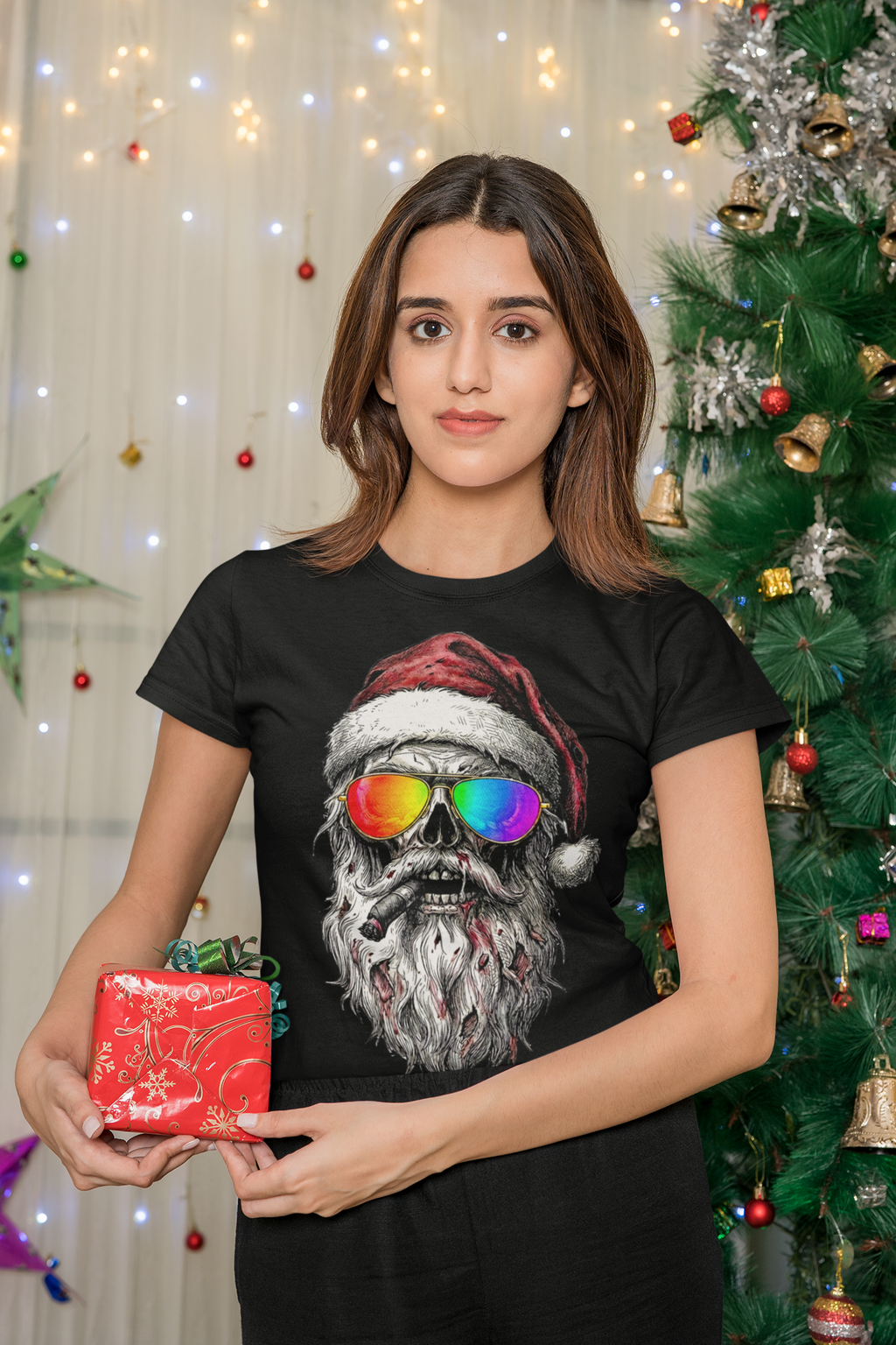 Pilot-Santa: Frontprint, Womens' T-Shirt, Skull T-Shirt — Cool Christmas Skull Tee with Rainbow Sunglasses