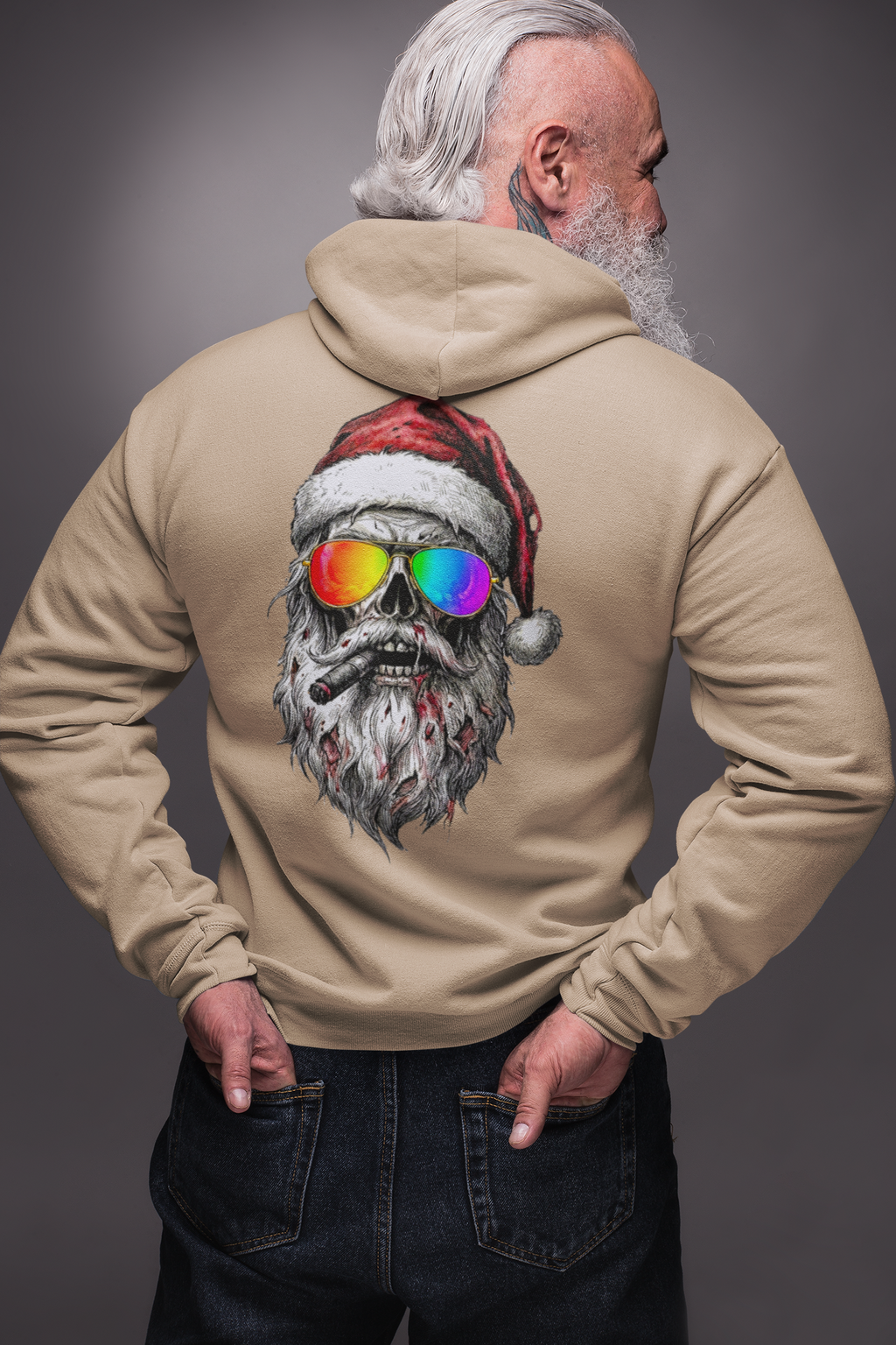 Pilot-Santa: Backprint, Unisex Hoodie Skull with Rainbow Sunglasses – Christmas Punk Pullover