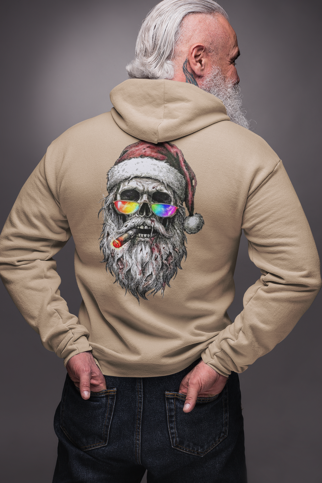 Dark-Santa: Backprint, Unisex Hoodie, Skull Cool Santa with Rainbow Sunglasses Christmas Sweatshirt