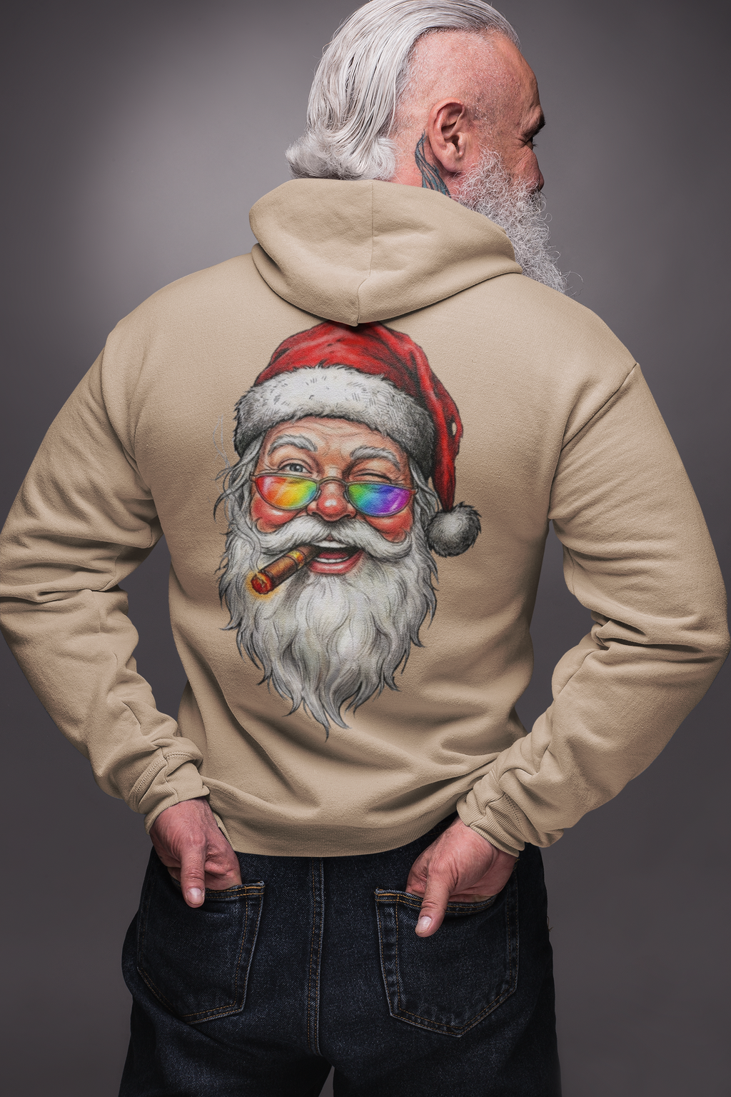 Friendly-Santa: Backprint, Unisex Hoodie, Rainbow Glasses Hoodie – Colorful Retro Christmas Sweatshirt