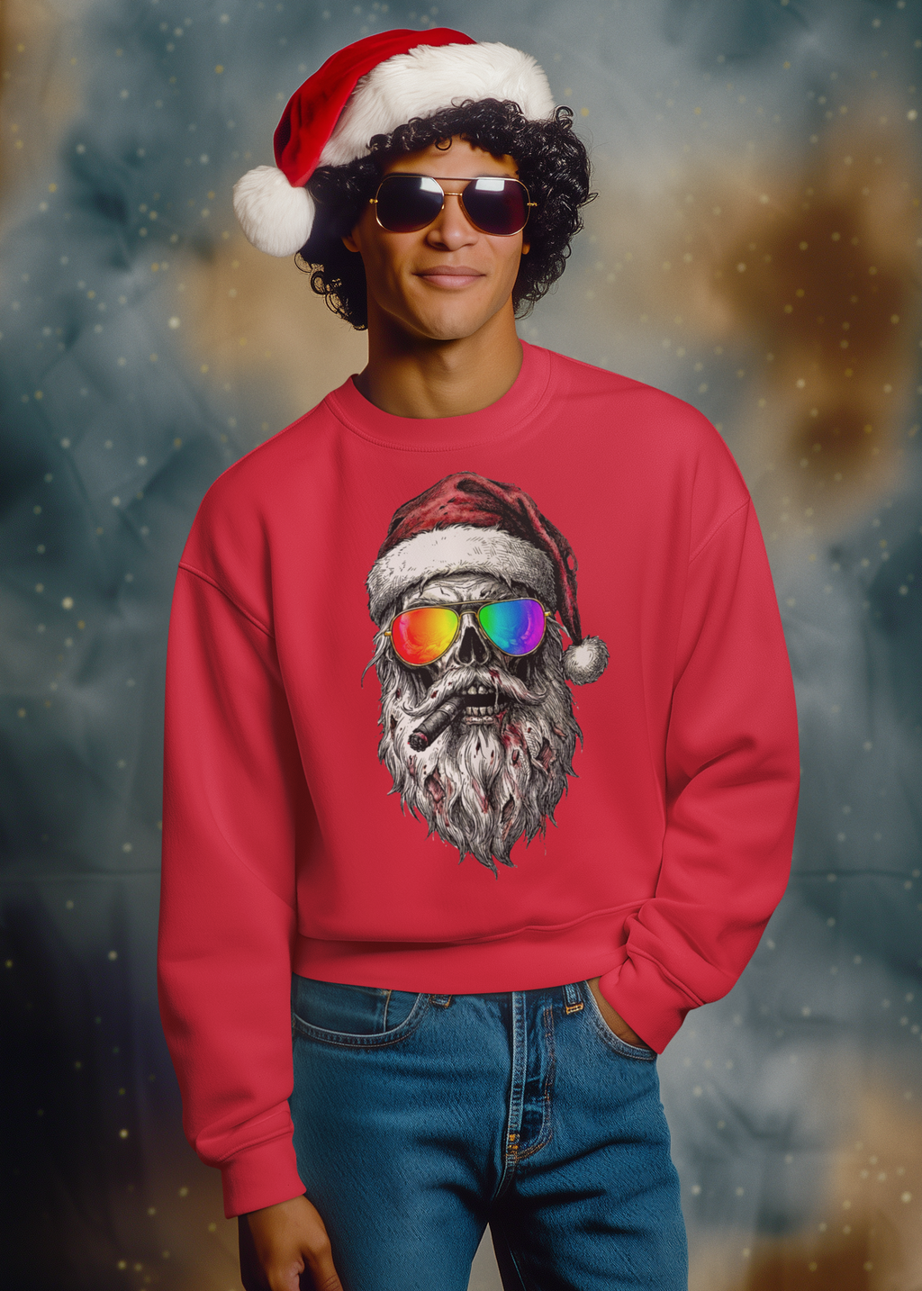 Pilot-Santa: Frontprint, Unisex Sweatshirt Retro Sunglasses Christmas Sweater