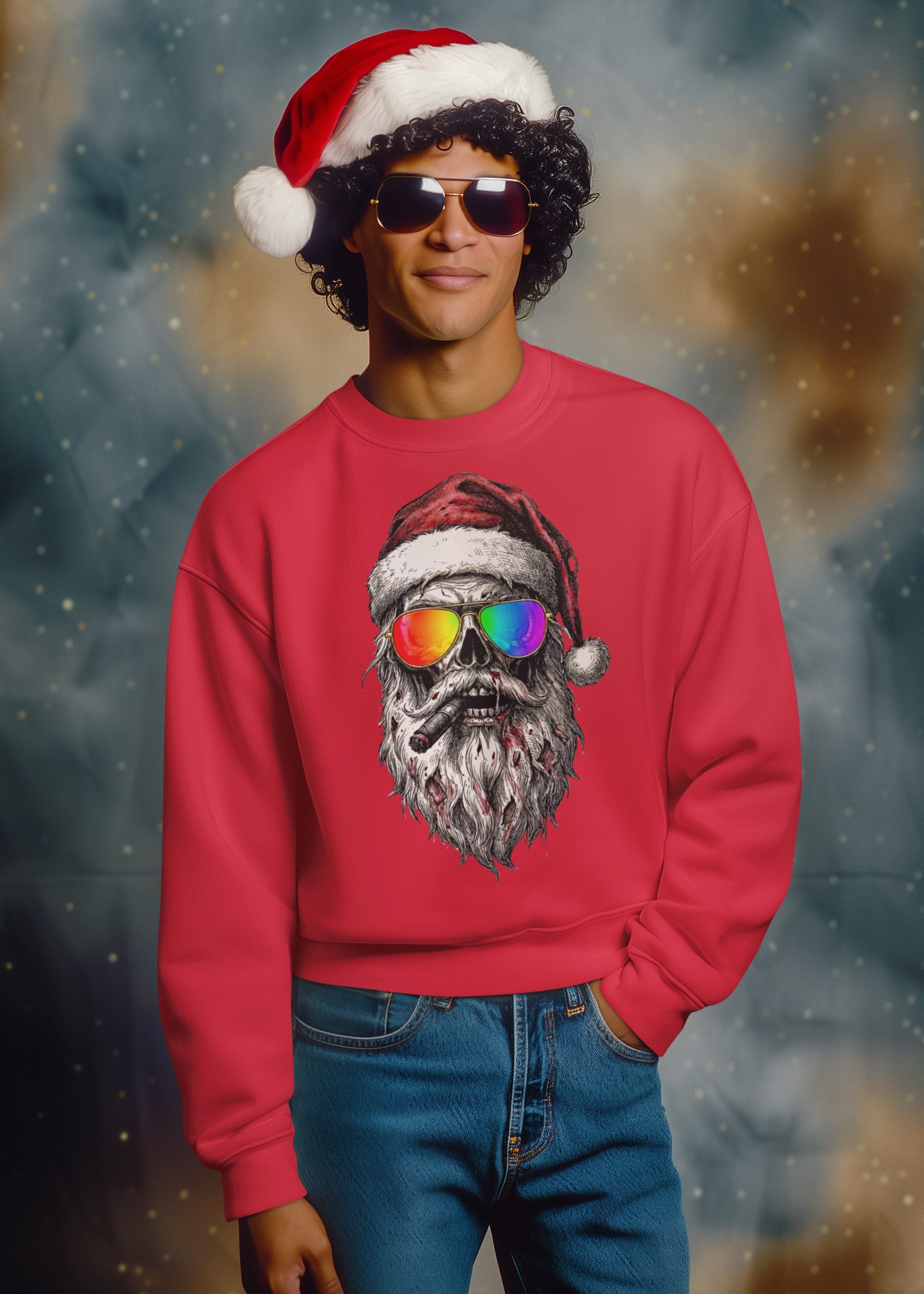 Pilot-Santa: Frontprint, Unisex Sweatshirt Retro Sunglasses Christmas Sweater