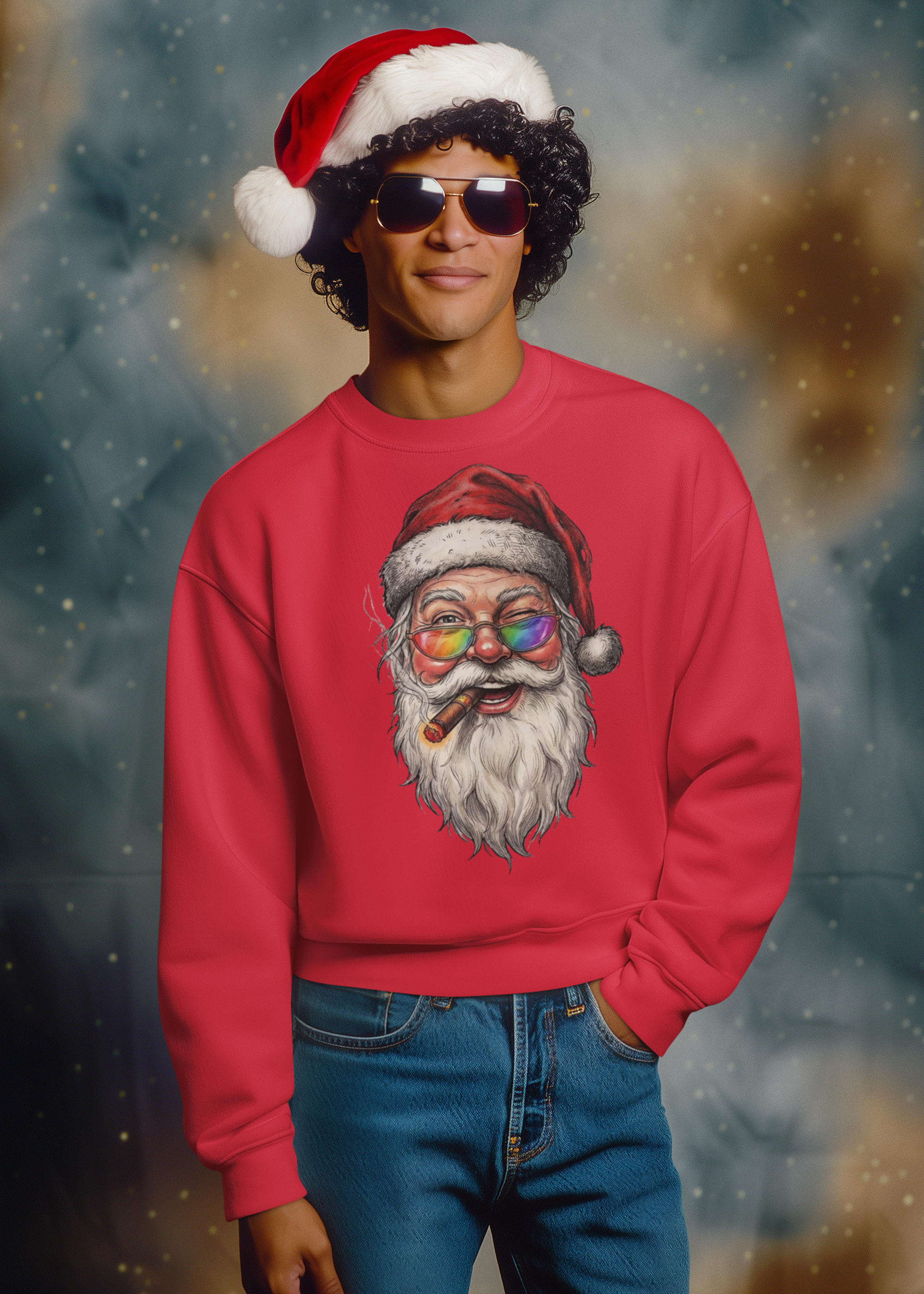 Friendly-Santa: Frontprint, Unisex Sweatshirt, Rainbow Glasses Crewneck Sweatshirt — Funny Christmas Holiday Sweater