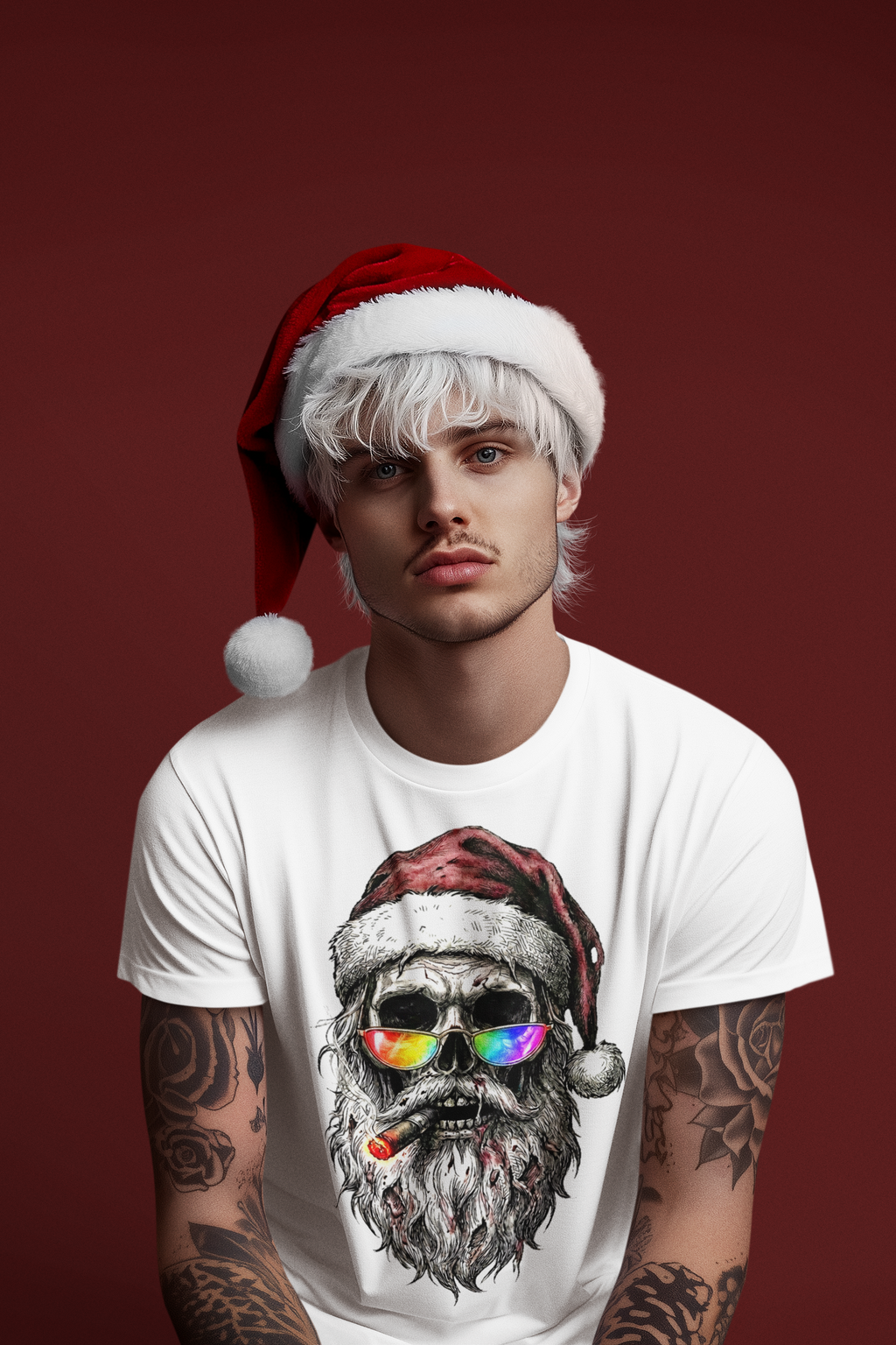 Dark-Santa: Frontprint, Unisex T-Shirt, Skull Graphic Tee Cool Santa with Rainbow Shades & Cigar, Holiday Christmas Shirt