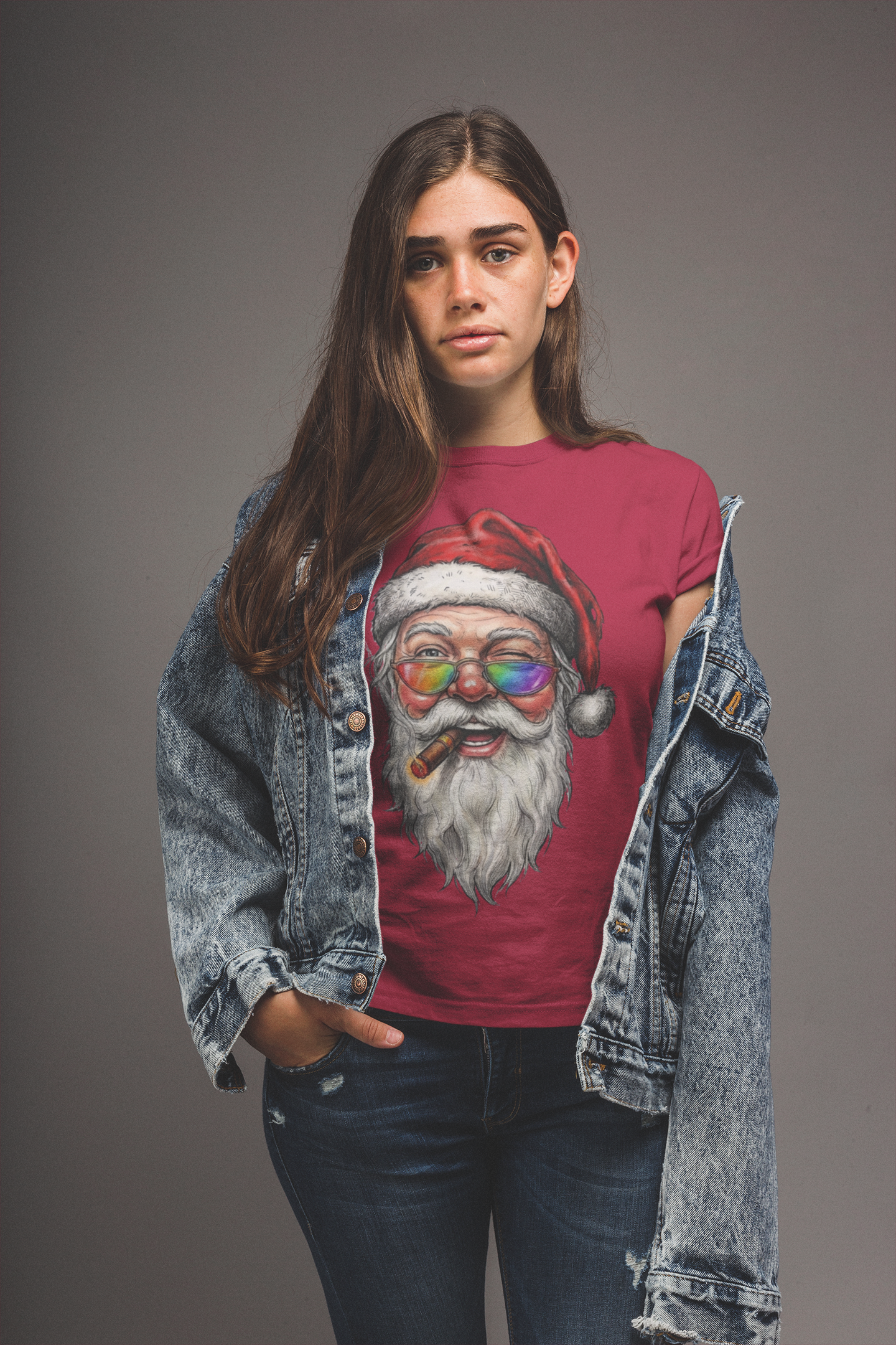 Friendly-Santa: Frontprint, Womens' T-Shirt, Colorful Glasses & Cigar Christmas Tee